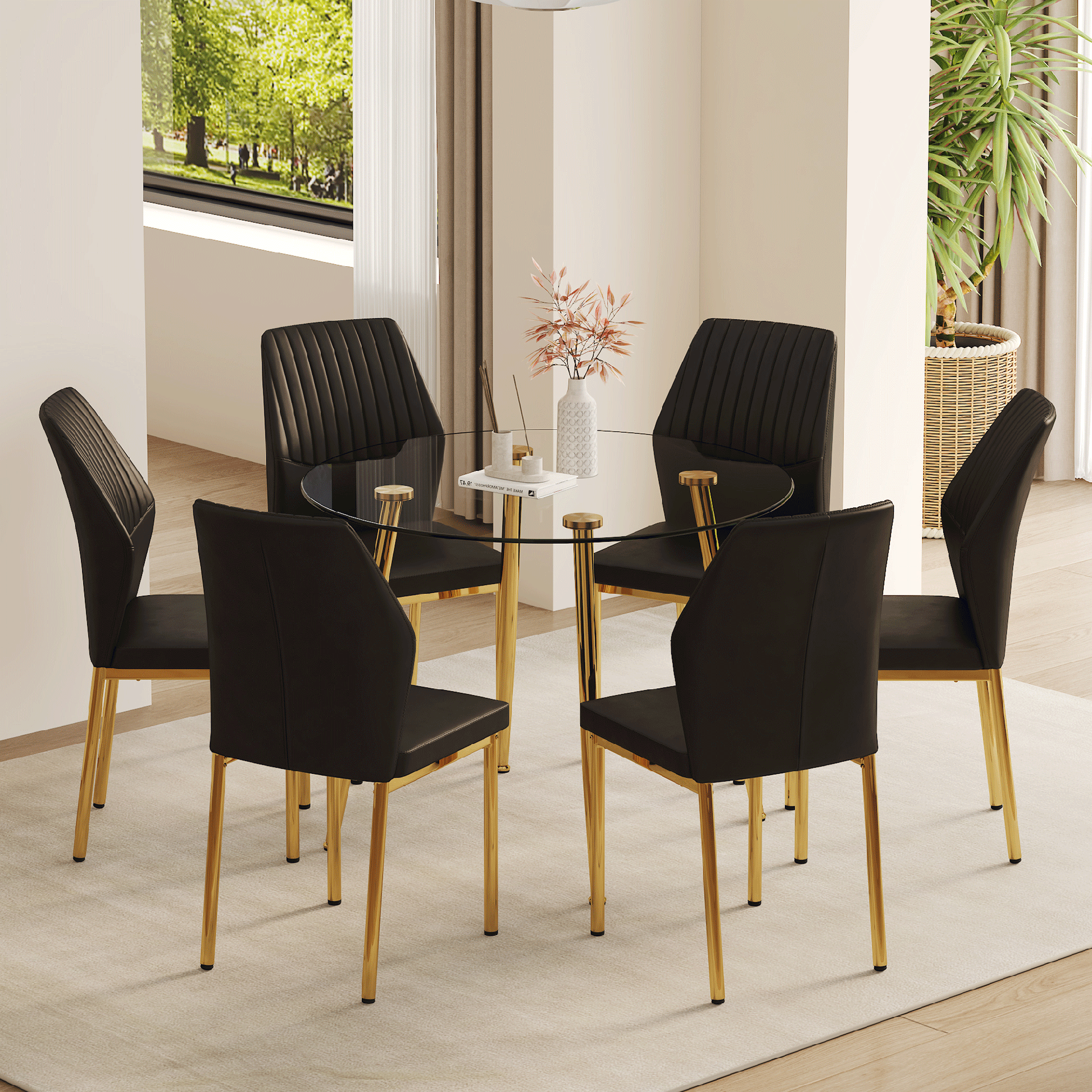Table and chair set.39.7 Inch Diameter Modern Luxury Glass Dining Table and Chair Set - Gold Metal Legs.Paired With 6 BLACK PU Material High Resilience Dining Chair with Metal Gold Leg.W1151S03707