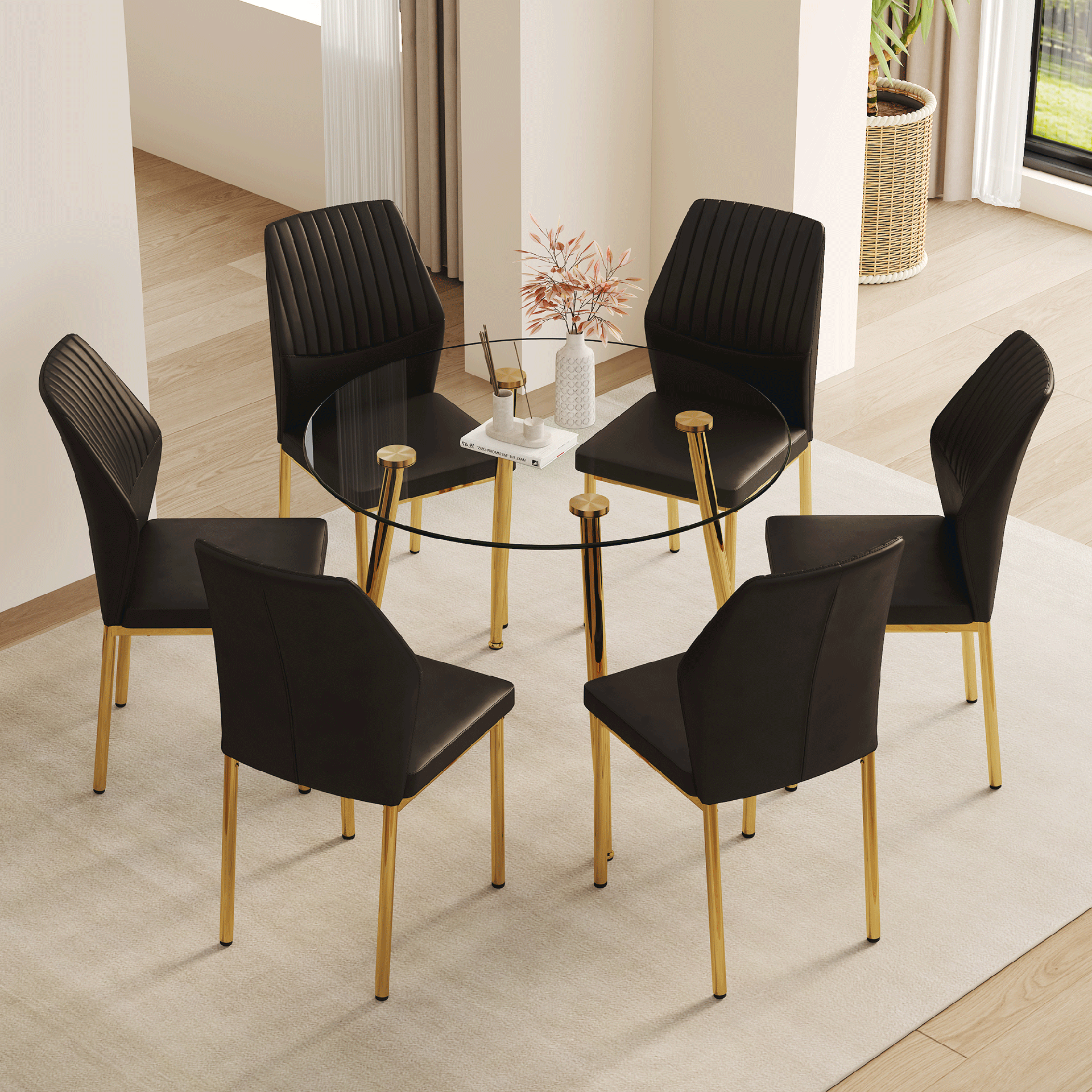 Table and chair set.39.7 Inch Diameter Modern Luxury Glass Dining Table and Chair Set - Gold Metal Legs.Paired With 6 BLACK PU Material High Resilience Dining Chair with Metal Gold Leg.W1151S03707