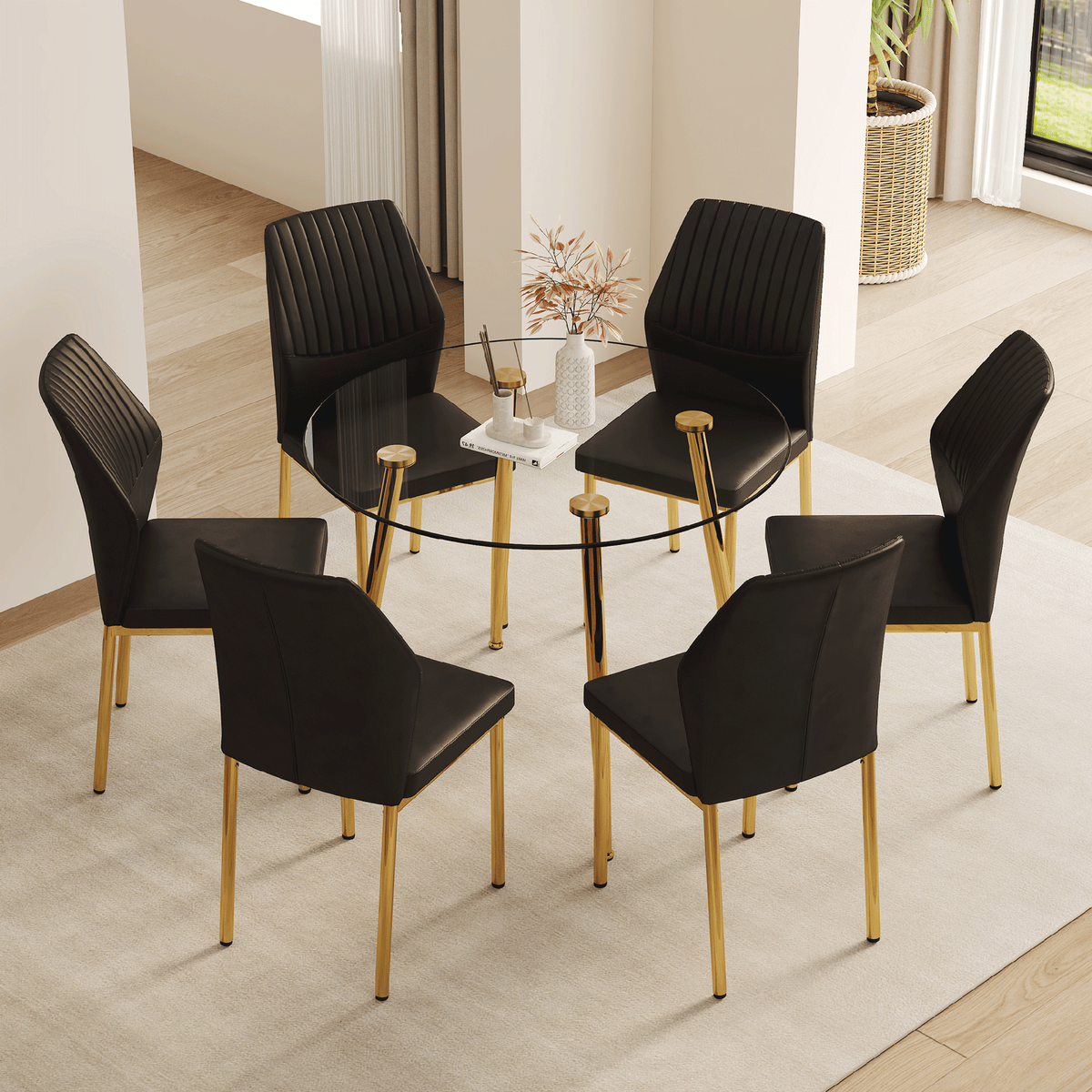 Table and chair set.39.7 Inch Diameter Modern Luxury Glass Dining Table and Chair Set - Gold Metal Legs.Paired With 6 BLACK PU Material High Resilience Dining Chair with Metal Gold Leg.W1151S03707