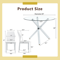 Table and chair set.Modern glass round table: 39 inch diameter, X-shaped silver metal bracket. Paired with 4 White Chairs, 37 inches High: Ergonomic PU Backrest .Suitable for restaurants, kitchens.