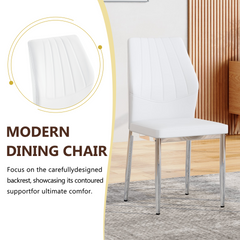 Table and chair set.Modern glass round table: 39 inch diameter, X-shaped silver metal bracket. Paired with 4 White Chairs, 37 inches High: Ergonomic PU Backrest .Suitable for restaurants, kitchens.