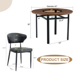 Table and chair set.42 inch modern minimalist brown wood grain round dining table set.Paired with 4 Black PU Ergonomic Dining Chair, With A Curved Backrest For Comfortable Design.