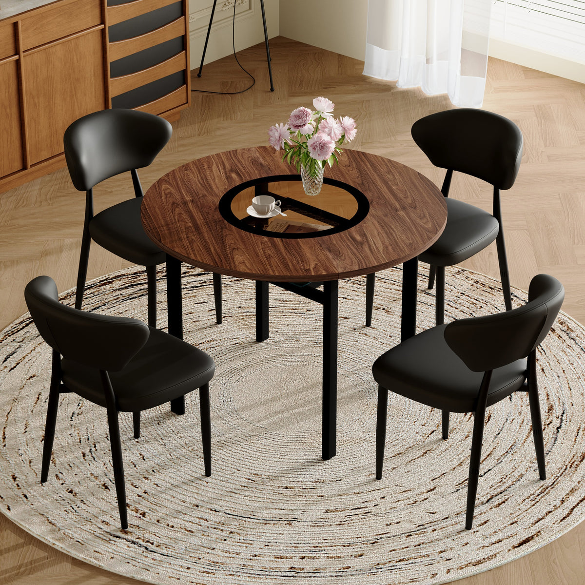 Table and chair set.42 inch modern minimalist brown wood grain round dining table set.Paired with 4 Black PU Ergonomic Dining Chair, With A Curved Backrest For Comfortable Design.