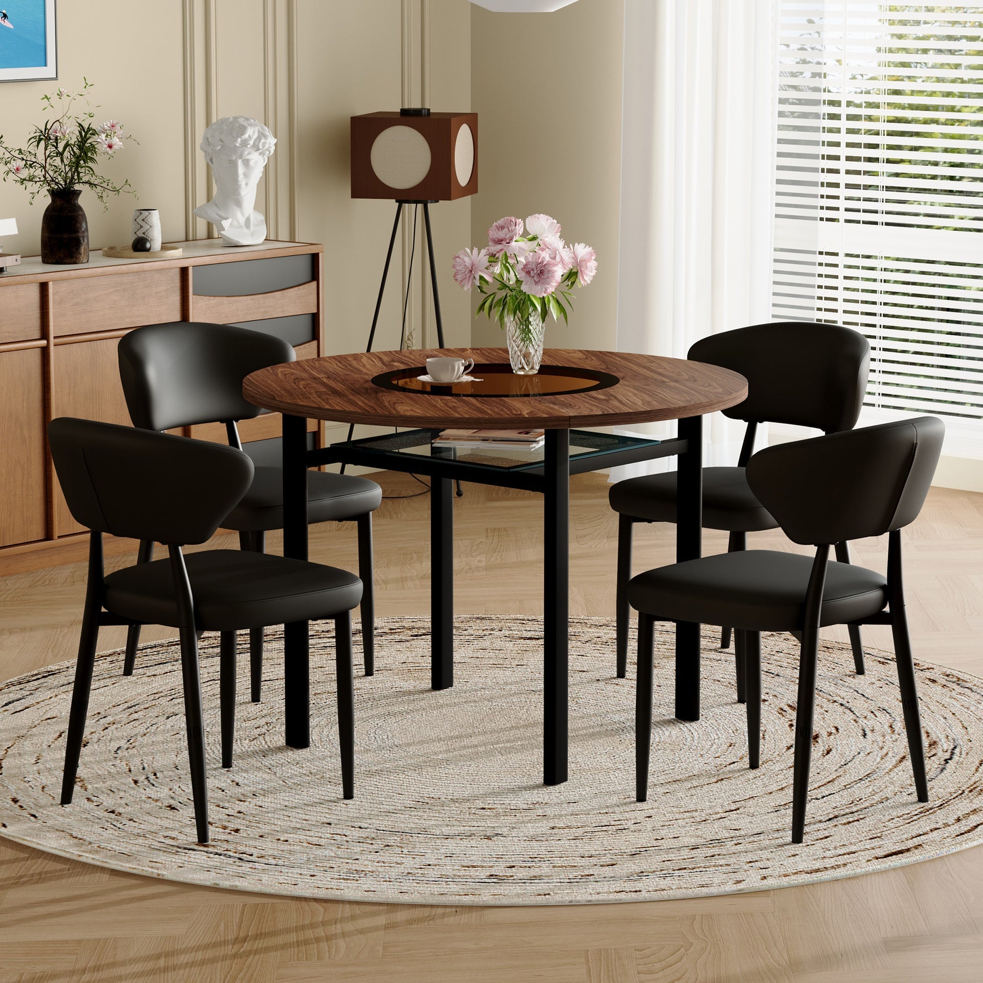 Table and chair set.42 inch modern minimalist brown wood grain round dining table set.Paired with 4 Black PU Ergonomic Dining Chair, With A Curved Backrest For Comfortable Design.