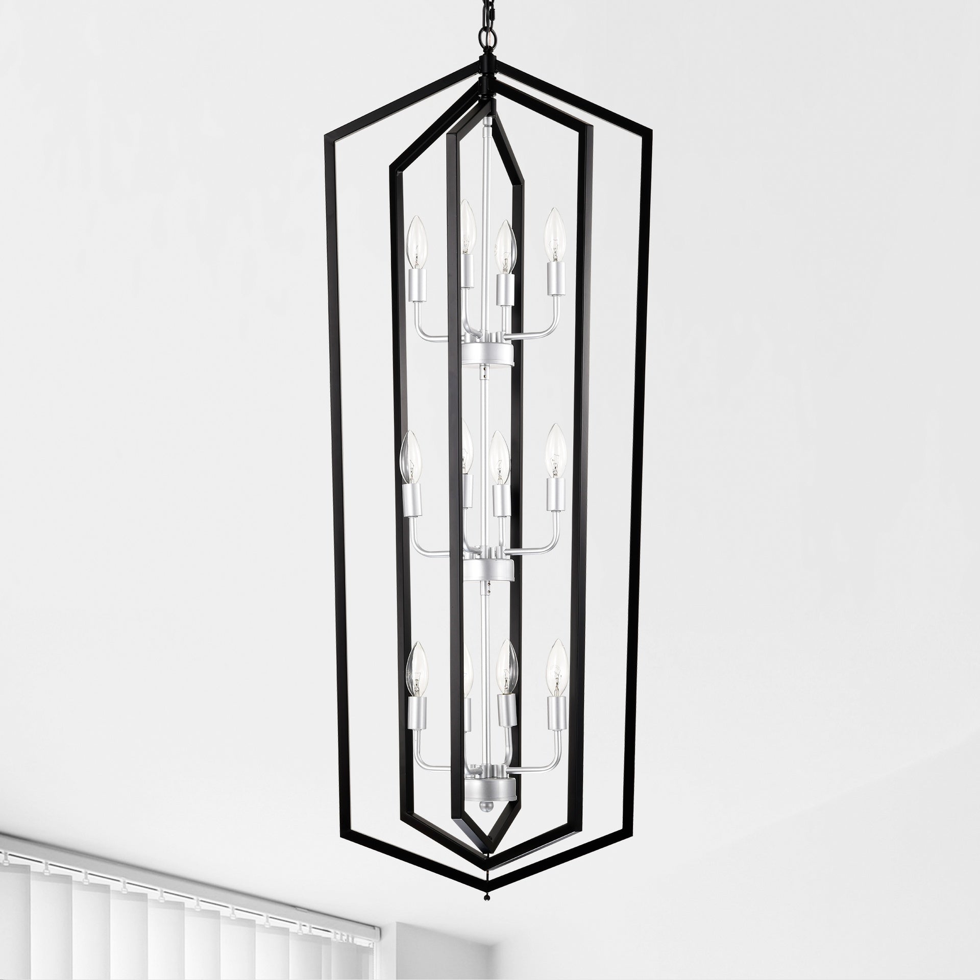 12-Light  Farmhouse Kitchen Chandeliers, Matte Black and Sliver Vintage Rustic Cage Light Fixture Adjustable Height  Chandeliers for Dining Room Hallway Foyer Entryway(E12 Bulbs Not Included)