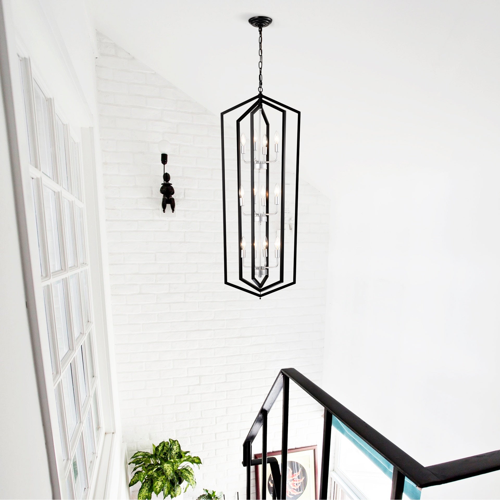 12-Light  Farmhouse Kitchen Chandeliers, Matte Black and Sliver Vintage Rustic Cage Light Fixture Adjustable Height  Chandeliers for Dining Room Hallway Foyer Entryway(E12 Bulbs Not Included)