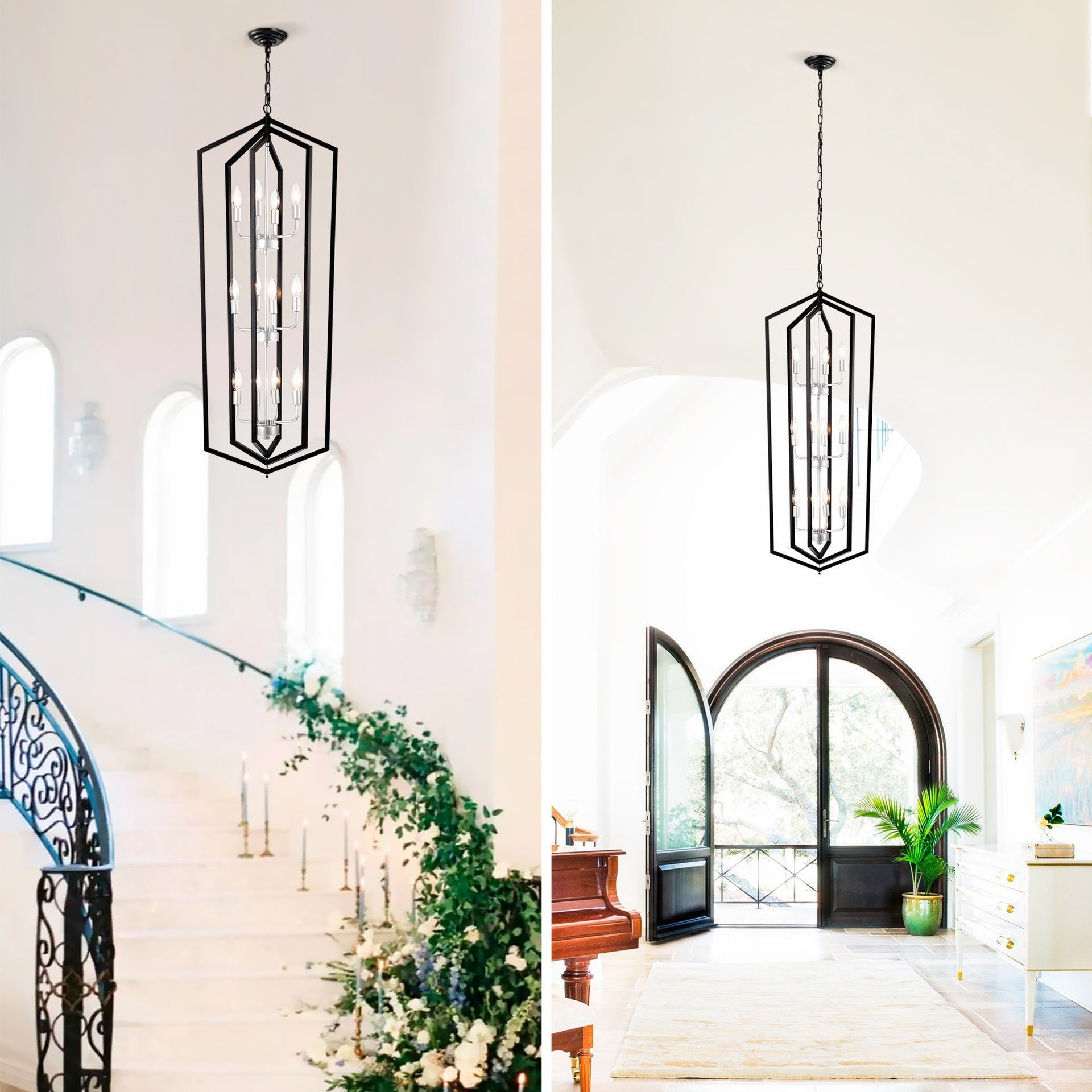 12-Light  Farmhouse Kitchen Chandeliers, Matte Black and Sliver Vintage Rustic Cage Light Fixture Adjustable Height  Chandeliers for Dining Room Hallway Foyer Entryway(E12 Bulbs Not Included)