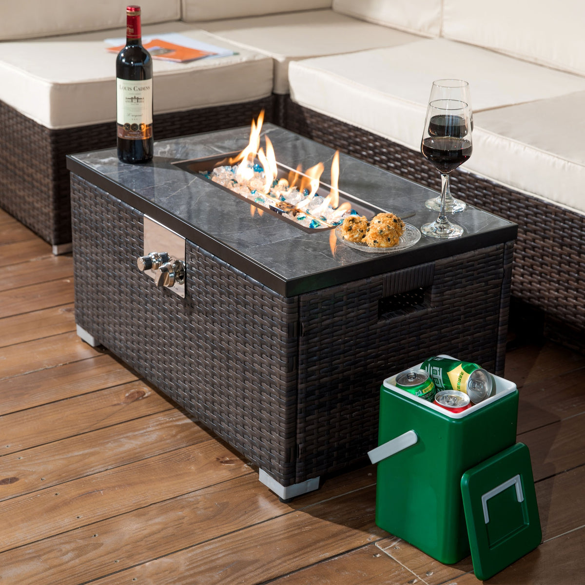 32" Propane Gas Fire Pit Table, 50000 BTU Rectangular Fire Pit, Tile Tabletop with Beautiful Wicker Base for Outside Patio Deck Garden Courtyard-Brown