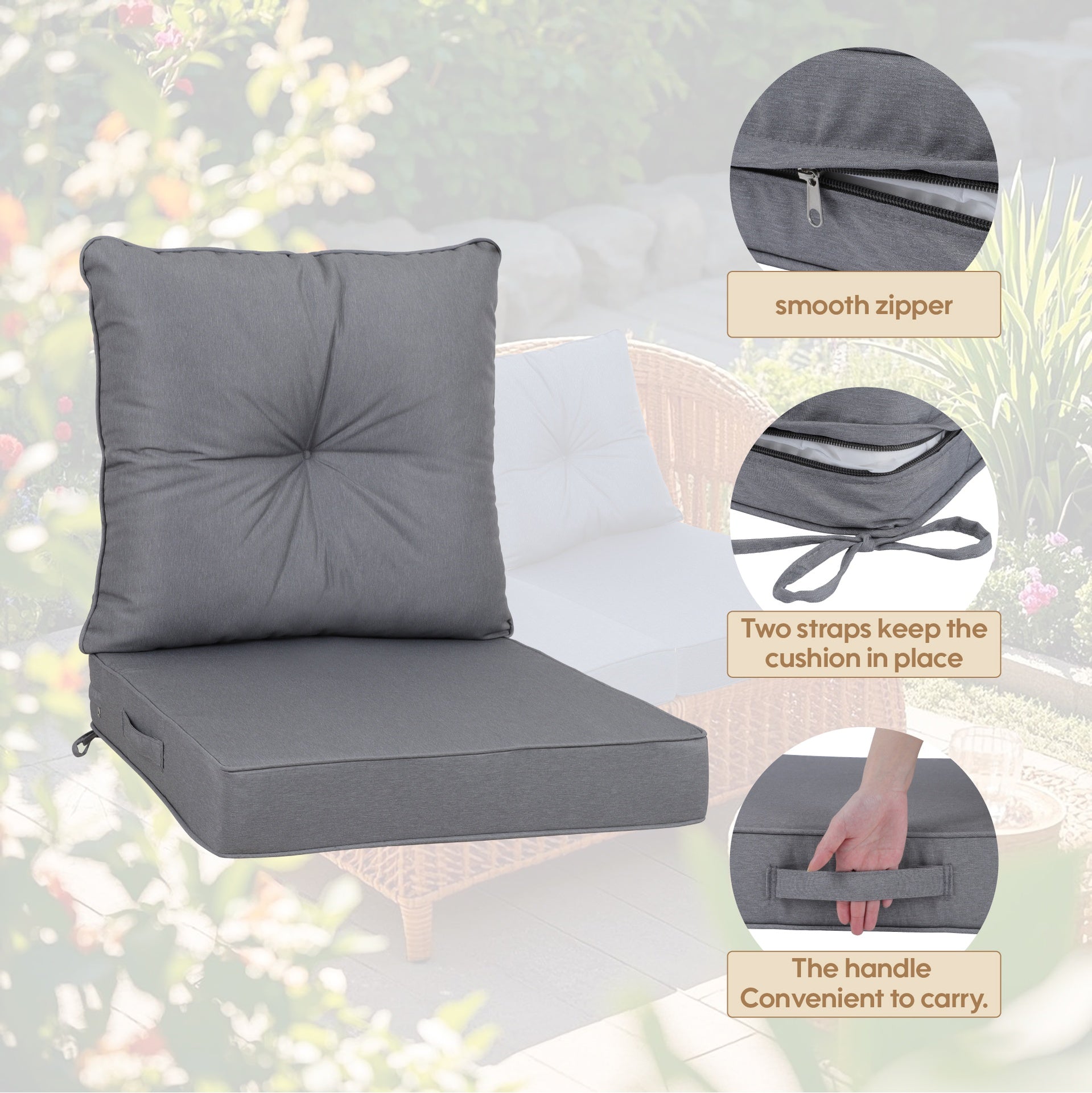 Outdoor Deep Seat Cushions for Patio Furniture, Waterproof Replacement Patio Chair Cushions Set of 2, 24 x 24 x 4 Inch,sewn circle tack Grey