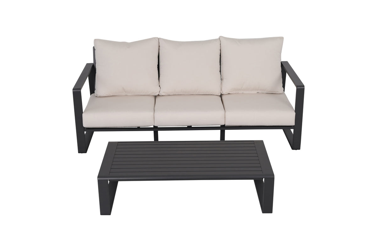 Three-seat sofa + rectangular coffee table, beige cushions JM 9017