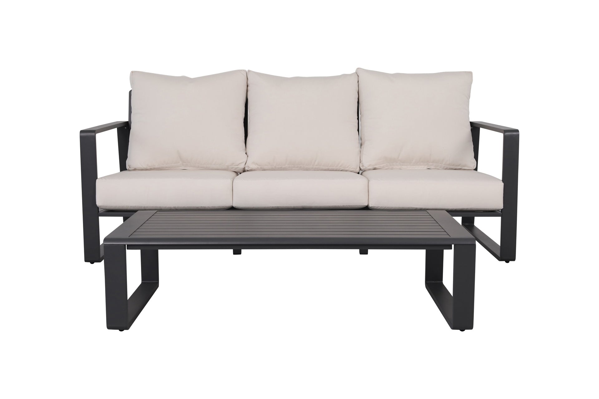 Three-person sofa + rectangular coffee table, light brown cushions YB15052