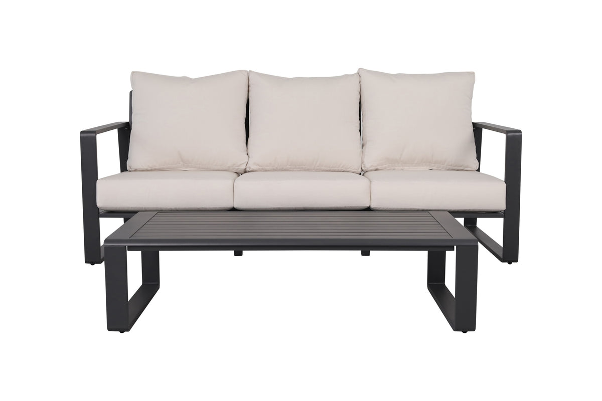 Three-person sofa + rectangular coffee table, light brown cushions YB15052