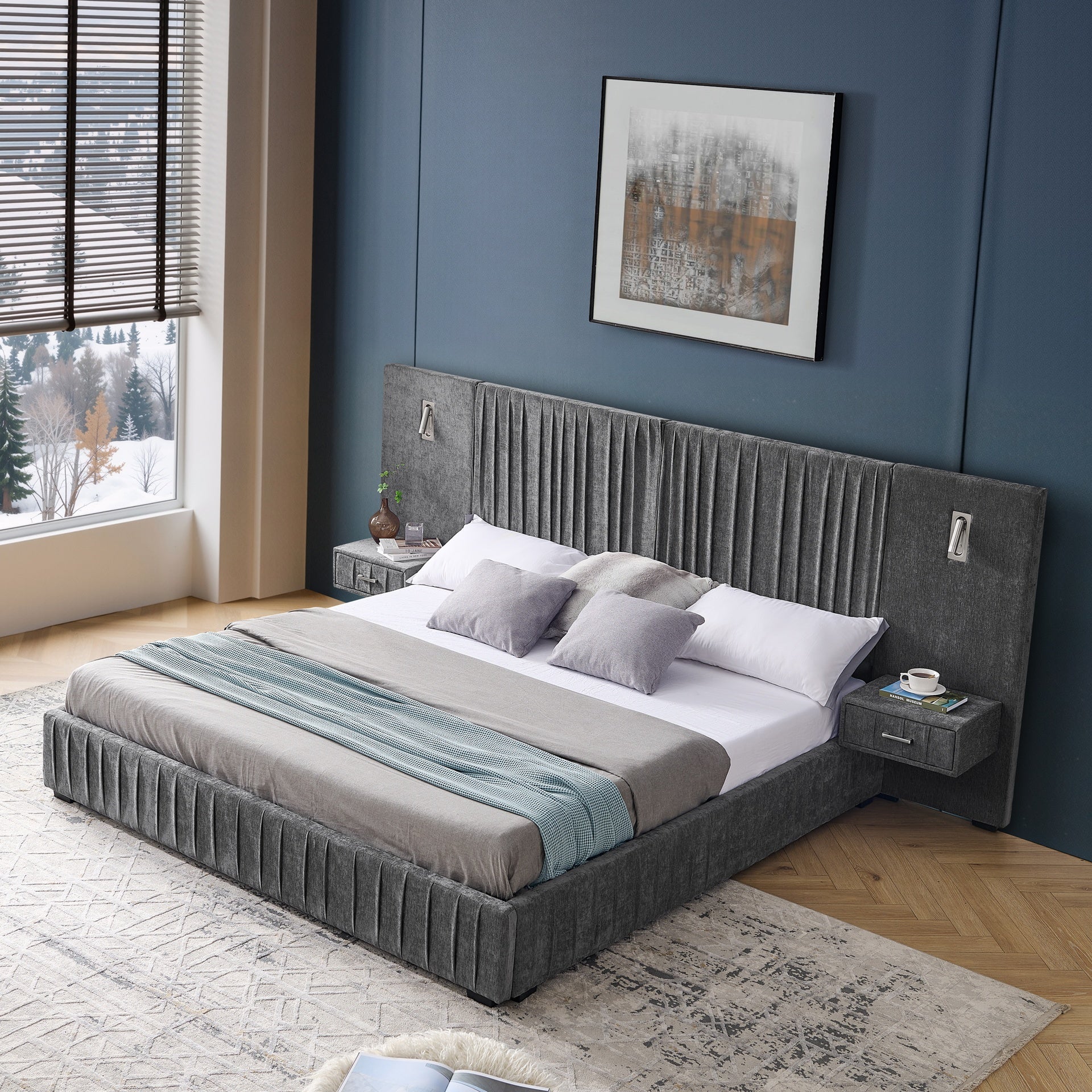 King Size Upholstered Bed Frame with Chenille fabric with pleated design,Grounded King Size Platform Bed with Headboard and Solid Frame and the bedside table.No Box Spring Needed-DARK GREY