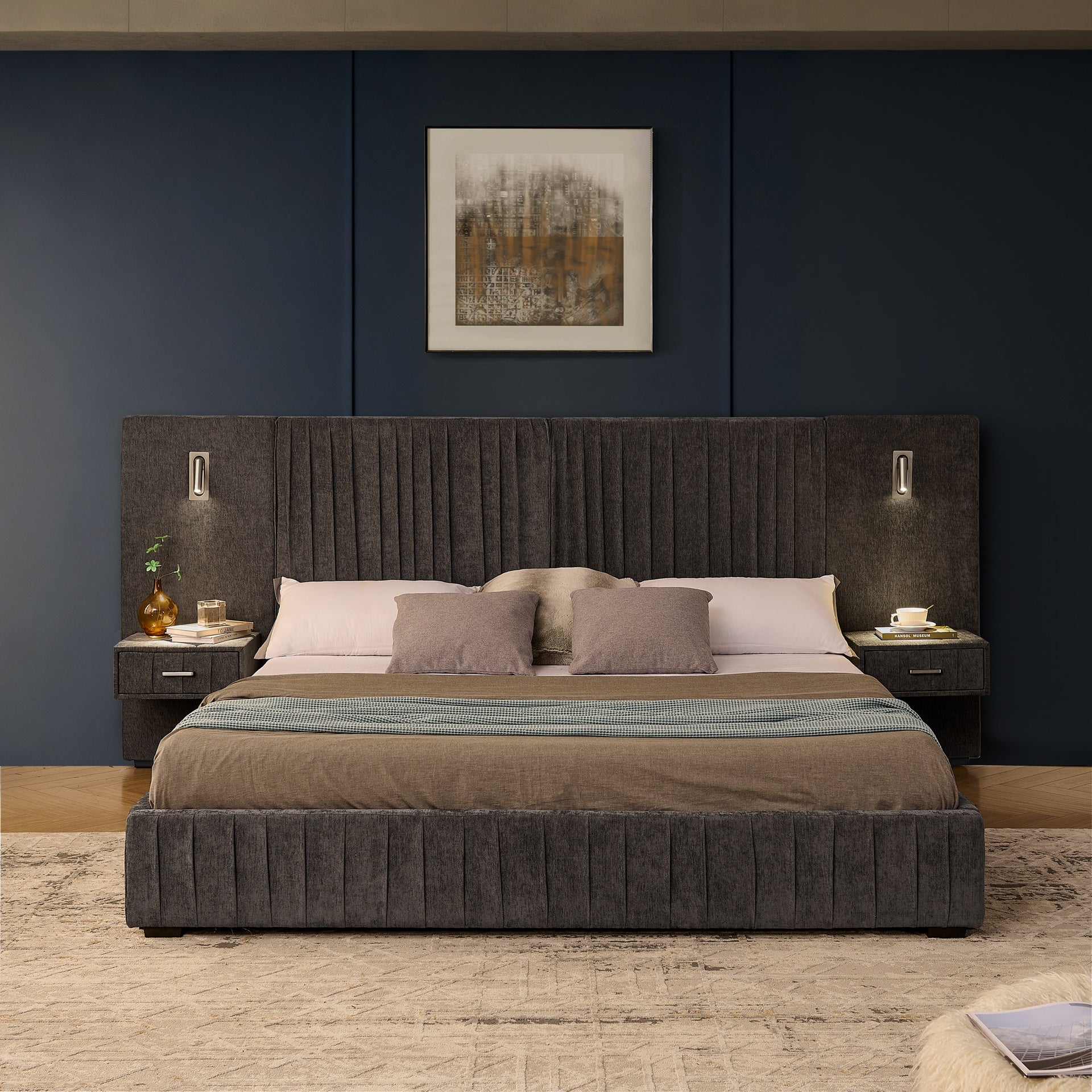 King Size Upholstered Bed Frame with Chenille fabric with pleated design,Grounded King Size Platform Bed with Headboard and Solid Frame and the bedside table.No Box Spring Needed-DARK GREY