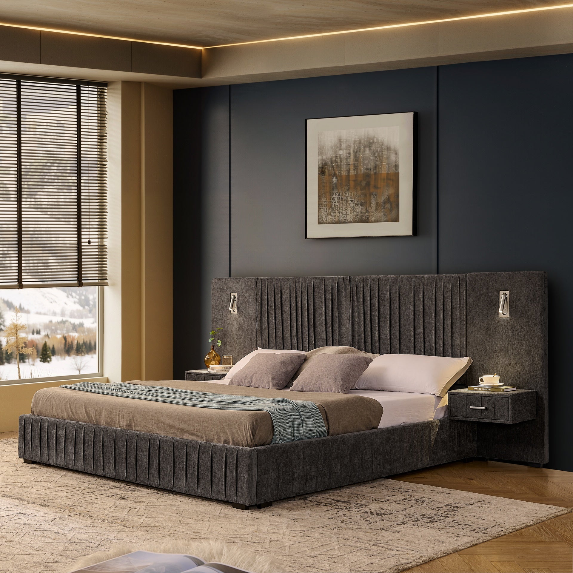 King Size Upholstered Bed Frame with Chenille fabric with pleated design,Grounded King Size Platform Bed with Headboard and Solid Frame and the bedside table.No Box Spring Needed-DARK GREY