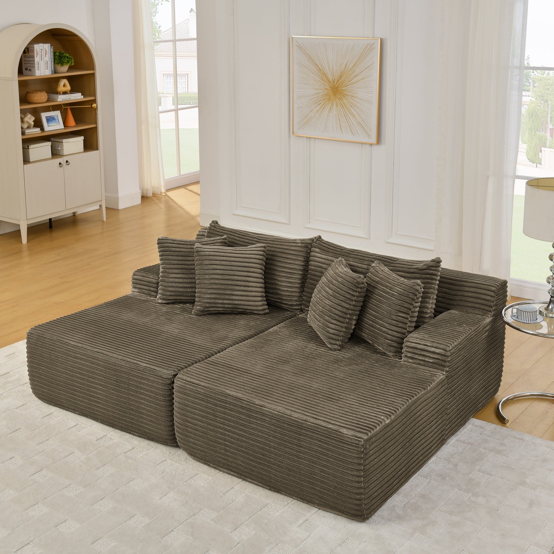 Two-seater lazy sofa lounge chair,Compressed sofa no assembly required, made of velvet fabric, fluffy modern lounge chair, used for indoor living rooms and bedrooms-Brown
