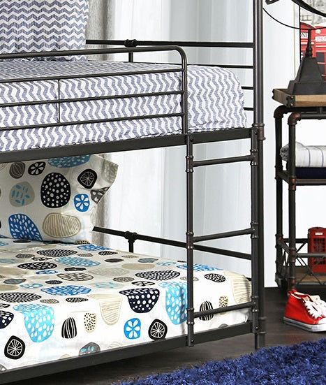 Industrial Style Bunk Bed Full Over Full Over Full Attached Dual Ladder Metal Structure Pipe Framework Upper Guard Rails Antique Black Finish