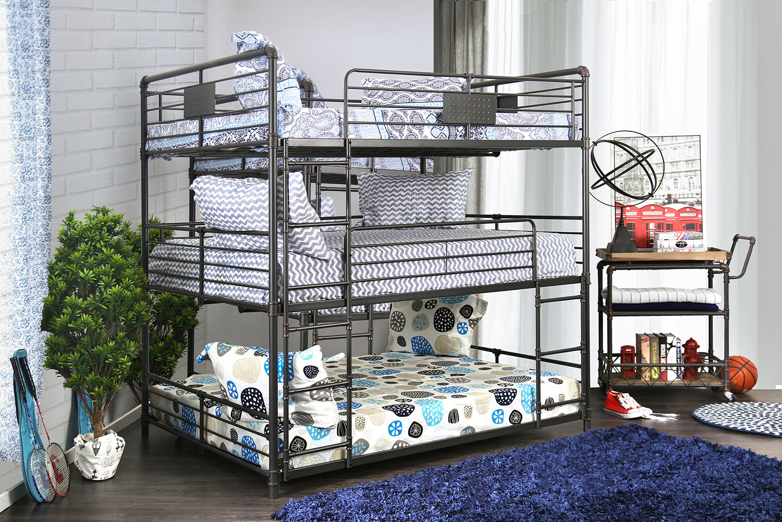 Industrial Style Bunk Bed Full Over Full Over Full Attached Dual Ladder Metal Structure Pipe Framework Upper Guard Rails Antique Black Finish
