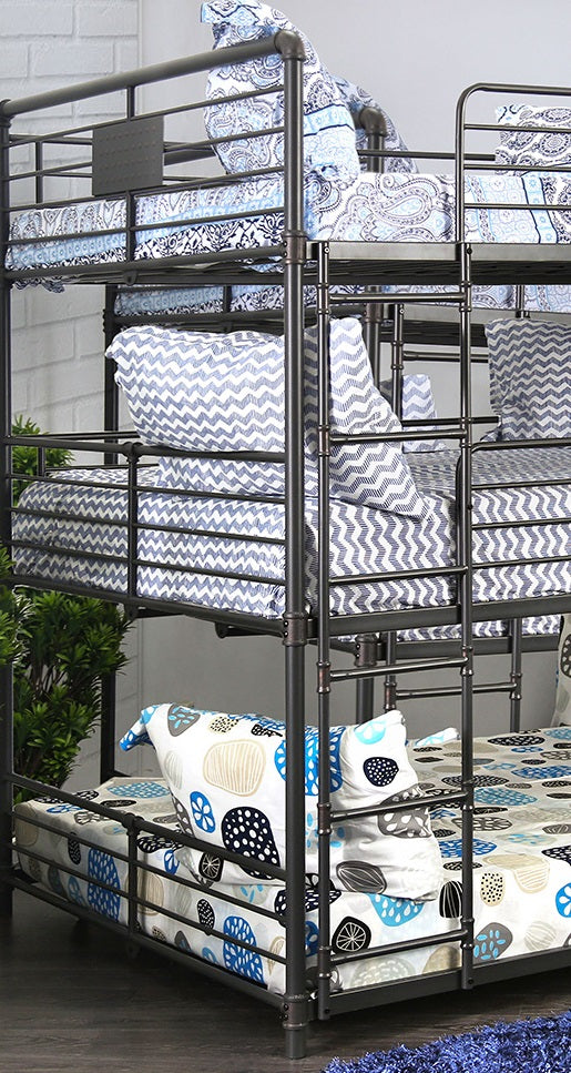 Industrial Style Bunk Bed Full Over Full Over Full Attached Dual Ladder Metal Structure Pipe Framework Upper Guard Rails Antique Black Finish