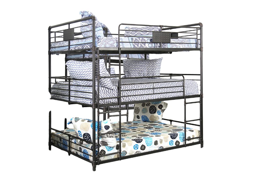 Industrial Style Bunk Bed Full Over Full Over Full Attached Dual Ladder Metal Structure Pipe Framework Upper Guard Rails Antique Black Finish