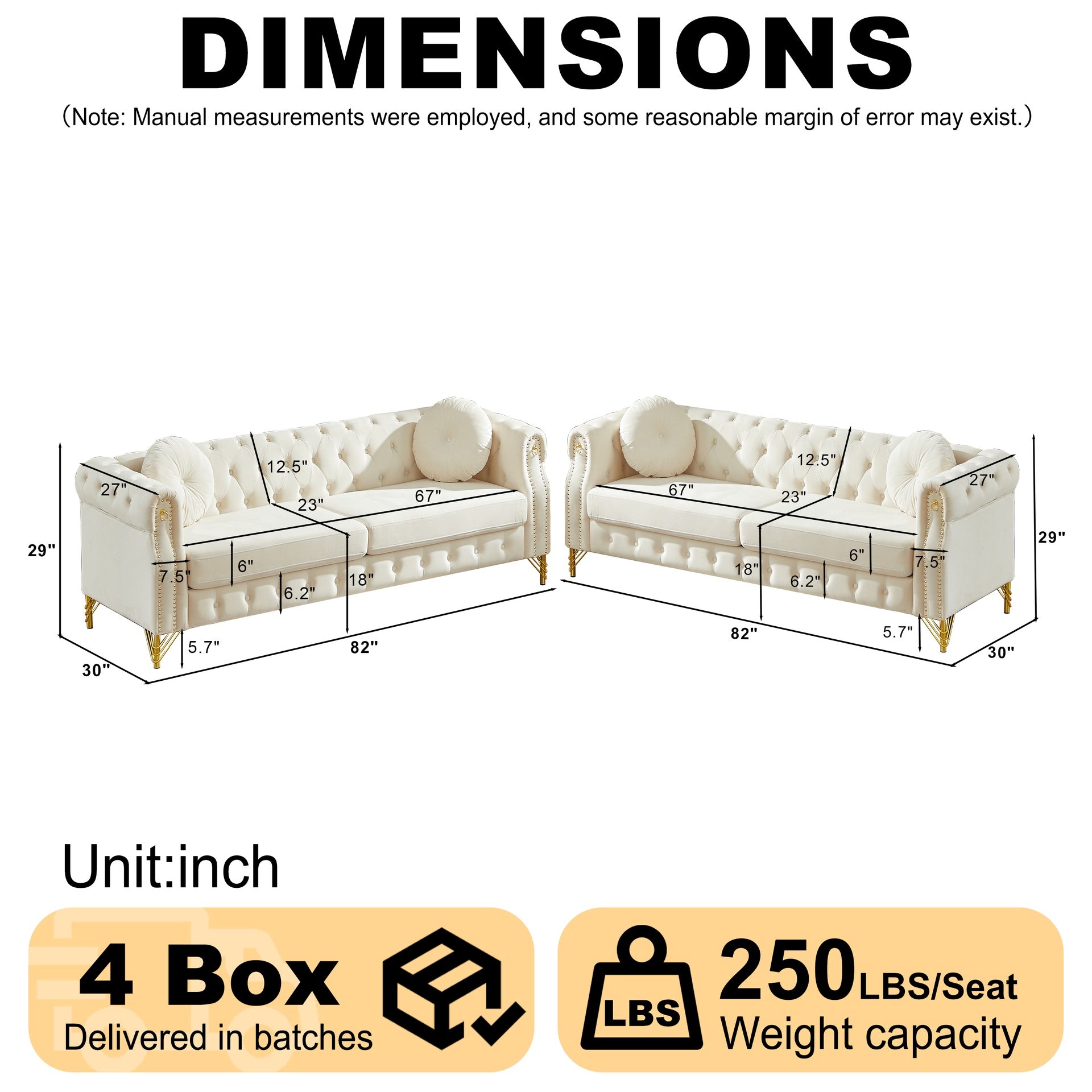 Velvet Chesterfield sofa with two round pillows, featuring copper stud detailing and tufted button accents, with metal legs. Loop design allows for hanging cartoon ornaments.
