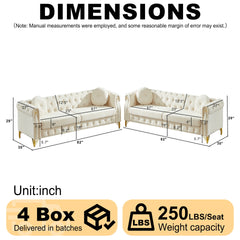 Velvet Chesterfield sofa with two round pillows, featuring copper stud detailing and tufted button accents, with metal legs. Loop design allows for hanging cartoon ornaments.