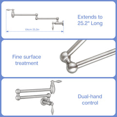 Pot Filler,Wall Mount Commercial Pot Filler Faucet,Brass Material Kitchen Folding Faucet,Coffee Machine Faucet with Stretchable Double Joint Swing Arms,Style A,Brushed Nickel
