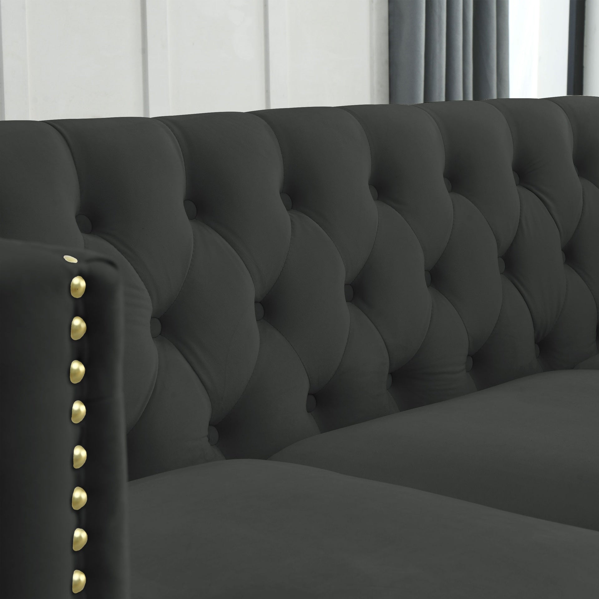 Velvet Sofa for Living Room,Buttons Tufted Square Arm Couch, Modern Couch Upholstered Button and Metal Legs, Sofa Couch for Bedroom, Black Velvet-2S(W834S00053)