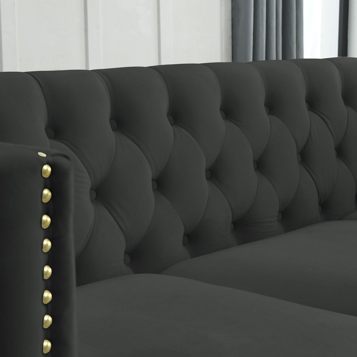 Velvet Sofa for Living Room,Buttons Tufted Square Arm Couch, Modern Couch Upholstered Button and Metal Legs, Sofa Couch for Bedroom, Black Velvet-2S(W834S00053)
