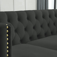 Velvet Sofa for Living Room,Buttons Tufted Square Arm Couch, Modern Couch Upholstered Button and Metal Legs, Sofa Couch for Bedroom, Black Velvet-2S(W834S00053)