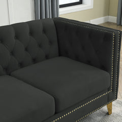 Velvet Sofa for Living Room,Buttons Tufted Square Arm Couch, Modern Couch Upholstered Button and Metal Legs, Sofa Couch for Bedroom, Black Velvet-2S(W834S00053)