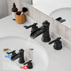 Bathroom Faucets for Sink 3 Hole Black 8 inch Widespread Bathroom Sink Faucet with Pop Up Drain Double Lever Handle Faucet Bathroom Vanity Faucet Basin Mixer Tap Faucet with Hose
