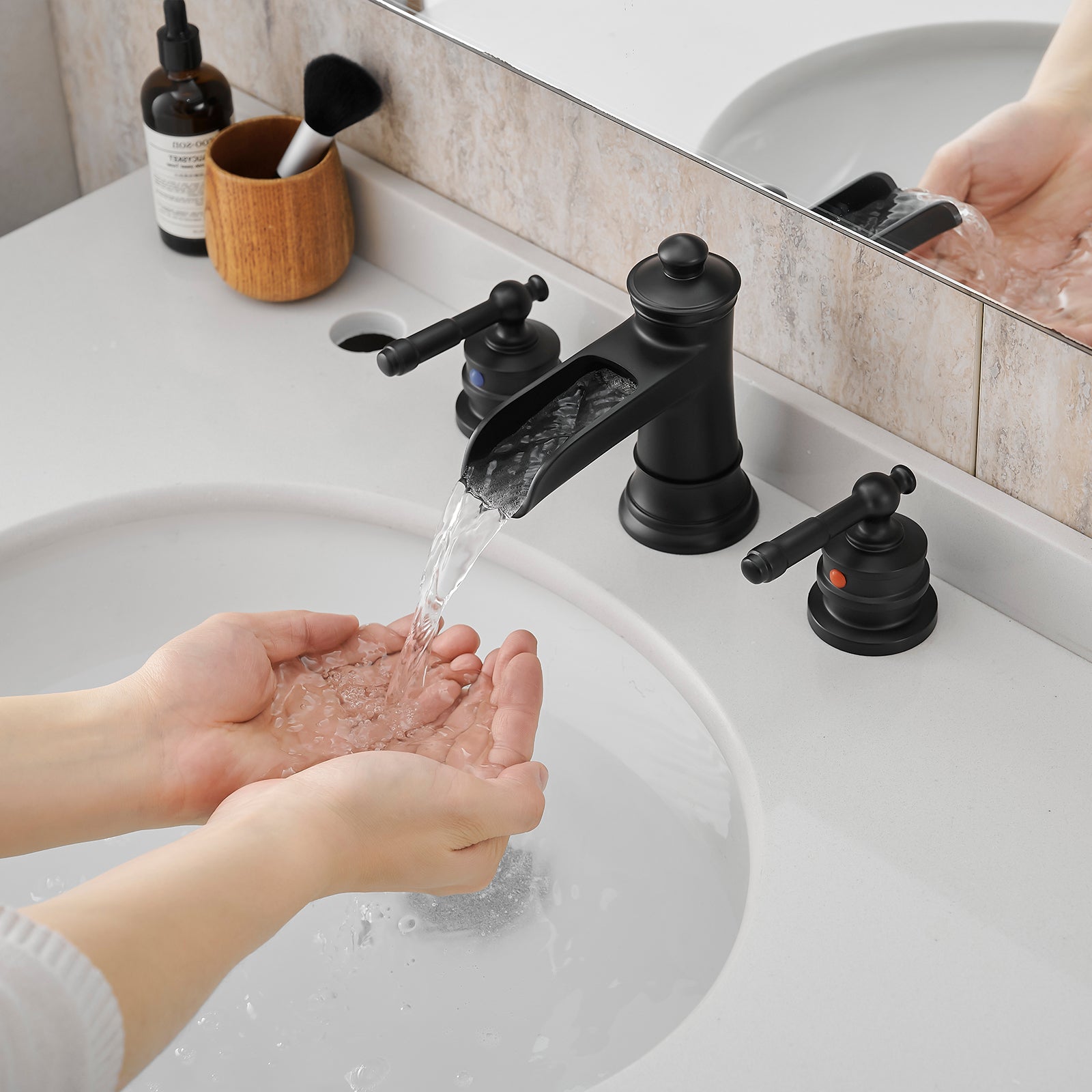 Bathroom Faucets for Sink 3 Hole Black 8 inch Widespread Bathroom Sink Faucet with Pop Up Drain Double Lever Handle Faucet Bathroom Vanity Faucet Basin Mixer Tap Faucet with Hose