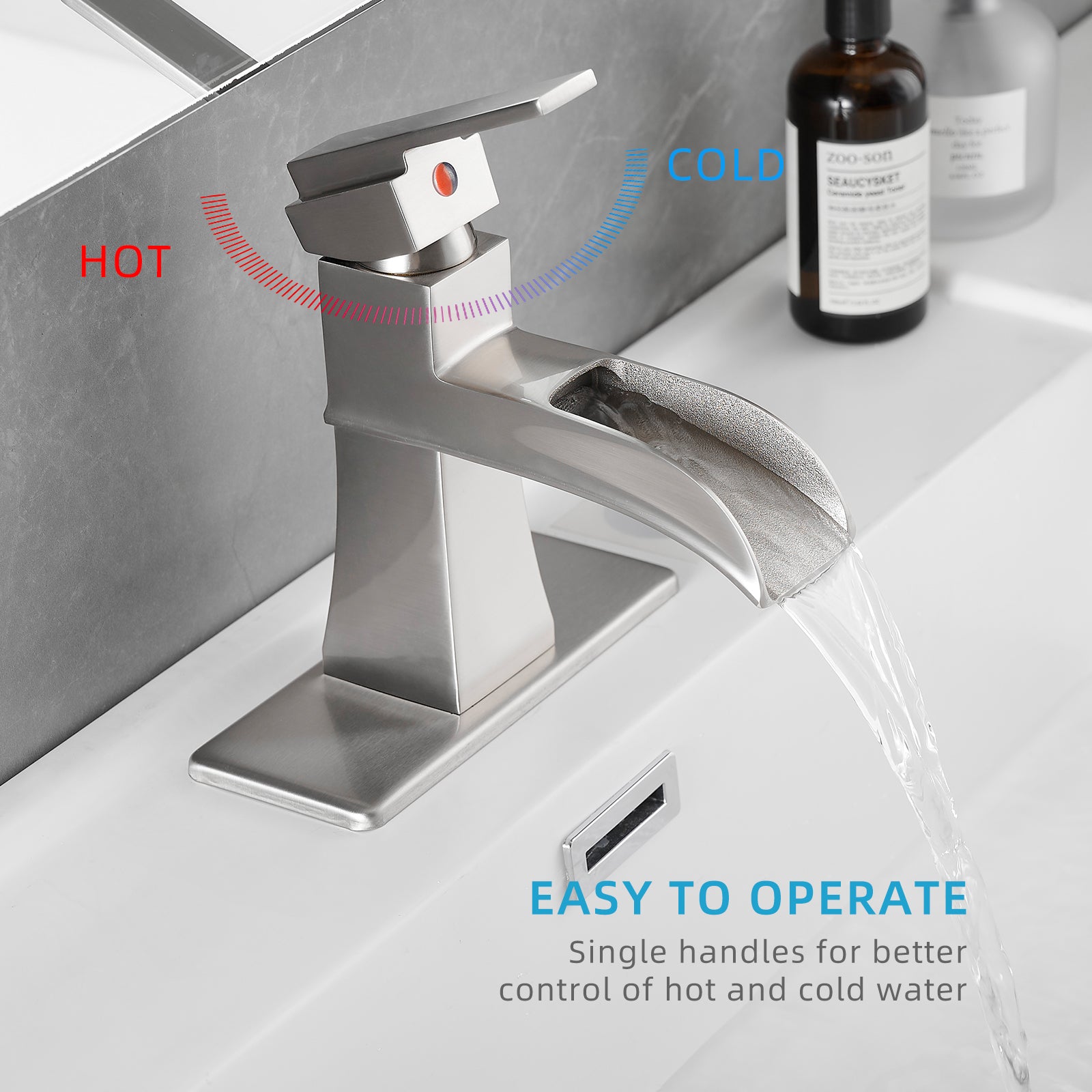 Sink Faucet With Deck Plate Waterfall Brushsed with Pop Up Drain and Supply Lines Bathroom faucets for Sink 1 Hole One Handle Faucets Vanity Bath Mixer Tap