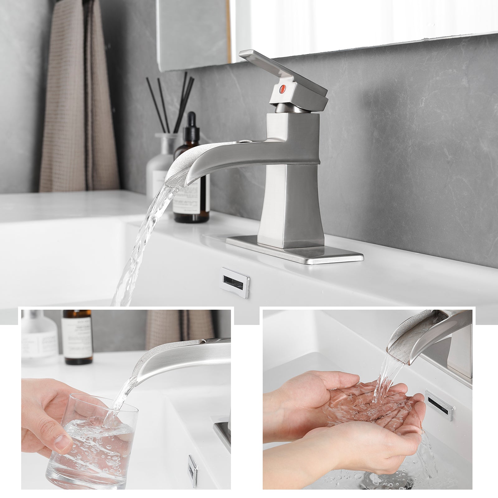 Sink Faucet With Deck Plate Waterfall Brushsed with Pop Up Drain and Supply Lines Bathroom faucets for Sink 1 Hole One Handle Faucets Vanity Bath Mixer Tap