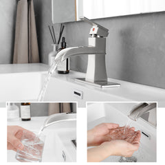 Sink Faucet With Deck Plate Waterfall Brushsed with Pop Up Drain and Supply Lines Bathroom faucets for Sink 1 Hole One Handle Faucets Vanity Bath Mixer Tap