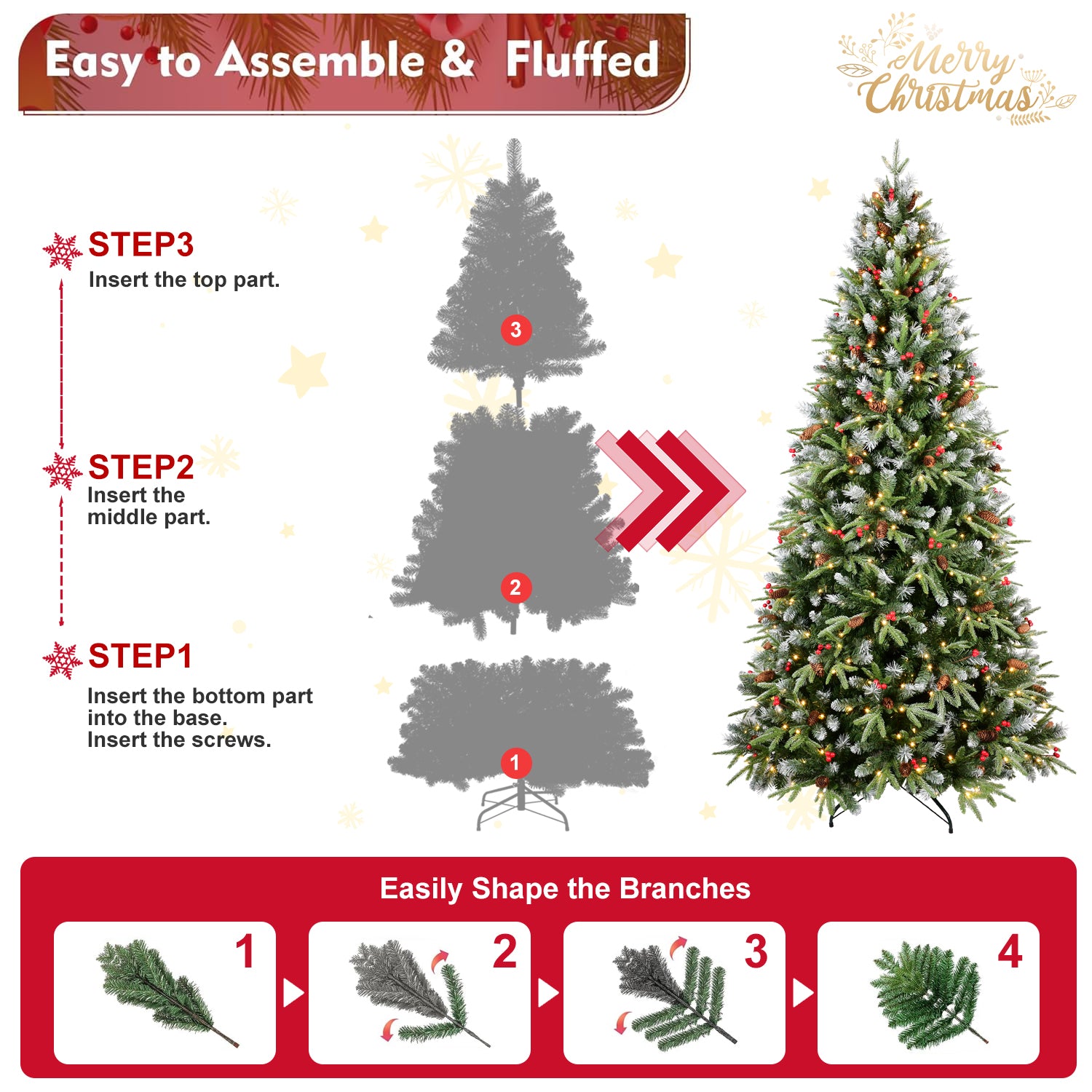 5FT Christmas Tree with 250 Warm White LED Lights – 1131 Snow-Tipped PE+PVC Branches, Red Berries & Pine Cones, Hinged Design, Stable Metal Stand – Realistic Holiday Decoration