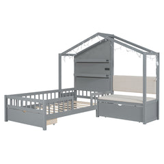 Twin Size House Bed with Upholstered Sofa, House Bed with Charging Station, Wireless Charging, Shelves and Two Drawers, Gray