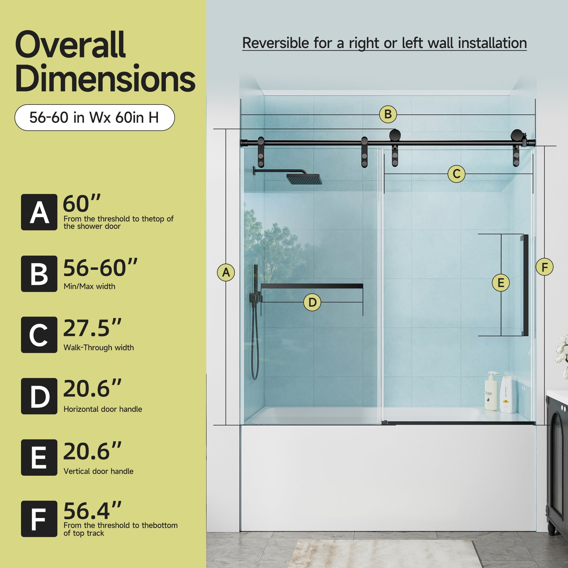 60" W x 60" H Matte Black Frameless Single Sliding Shower Door, Bathtub Door, 5/16"(8mm) Tempered Glass, Explosion-proof Film