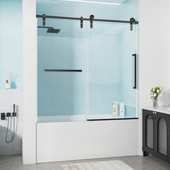 60" W x 60" H Matte Black Frameless Single Sliding Shower Door, Bathtub Door, 5/16"(8mm) Tempered Glass, Explosion-proof Film