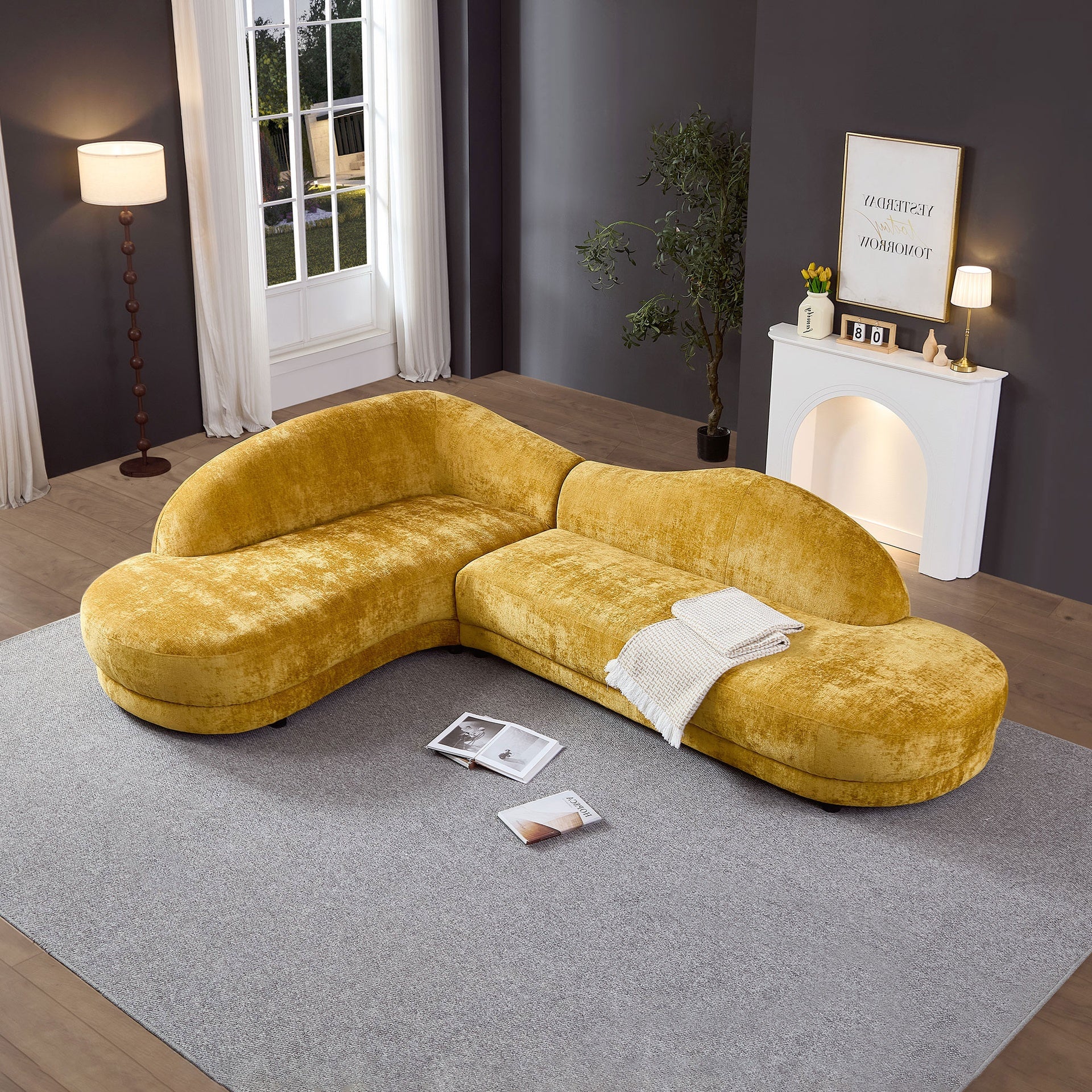 113.78 Inch Mid-Century Upholstered Comfy Couch with Facing Chaise Left for Livingroom,Bedroom, Apartment, Home Office YELLOW