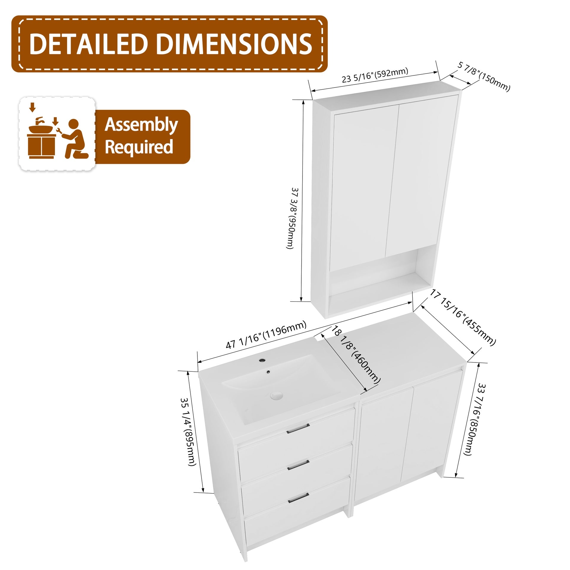 48" Freestanding Bathroom Vanity with Resin Sink, 1-Storage Cabinet and 1-Wall Cabinet Combination, Soft Closing Drawers and Door, Glossy White, Plywood(KD-Packing)