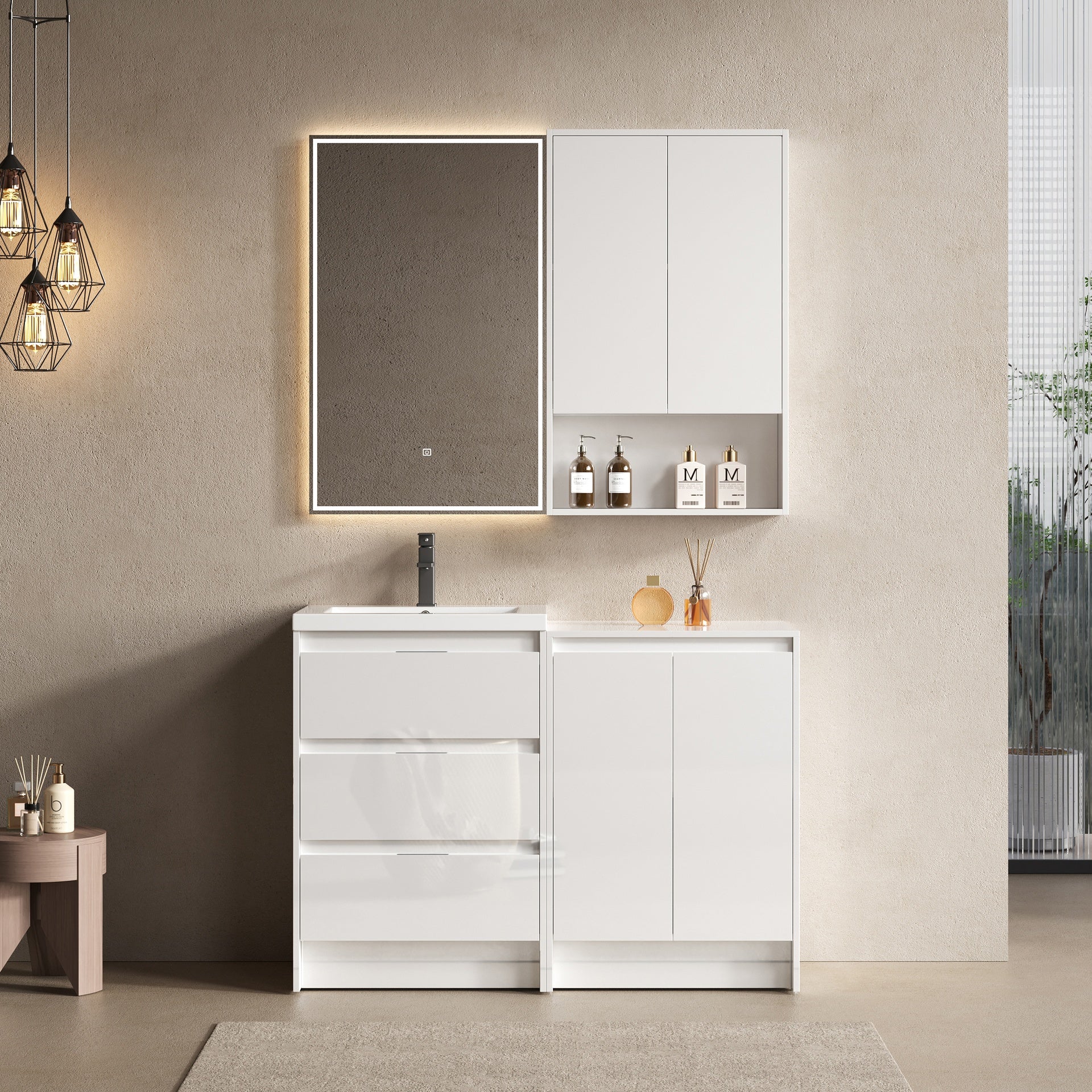 48" Freestanding Bathroom Vanity with Resin Sink, 1-Storage Cabinet and 1-Wall Cabinet Combination, Soft Closing Drawers and Door, Glossy White, Plywood(KD-Packing)