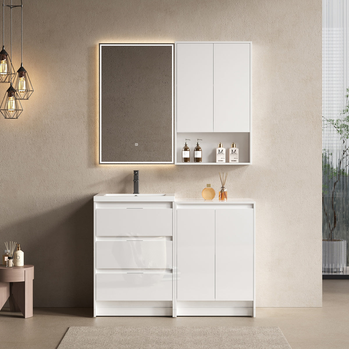48" Freestanding Bathroom Vanity with Resin Sink, 1-Storage Cabinet and 1-Wall Cabinet Combination, Soft Closing Drawers and Door, Glossy White, Plywood(KD-Packing)