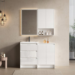 48" Freestanding Bathroom Vanity with Resin Sink, 1-Storage Cabinet and 1-Wall Cabinet Combination, Soft Closing Drawers and Door, Glossy White, Plywood(KD-Packing)