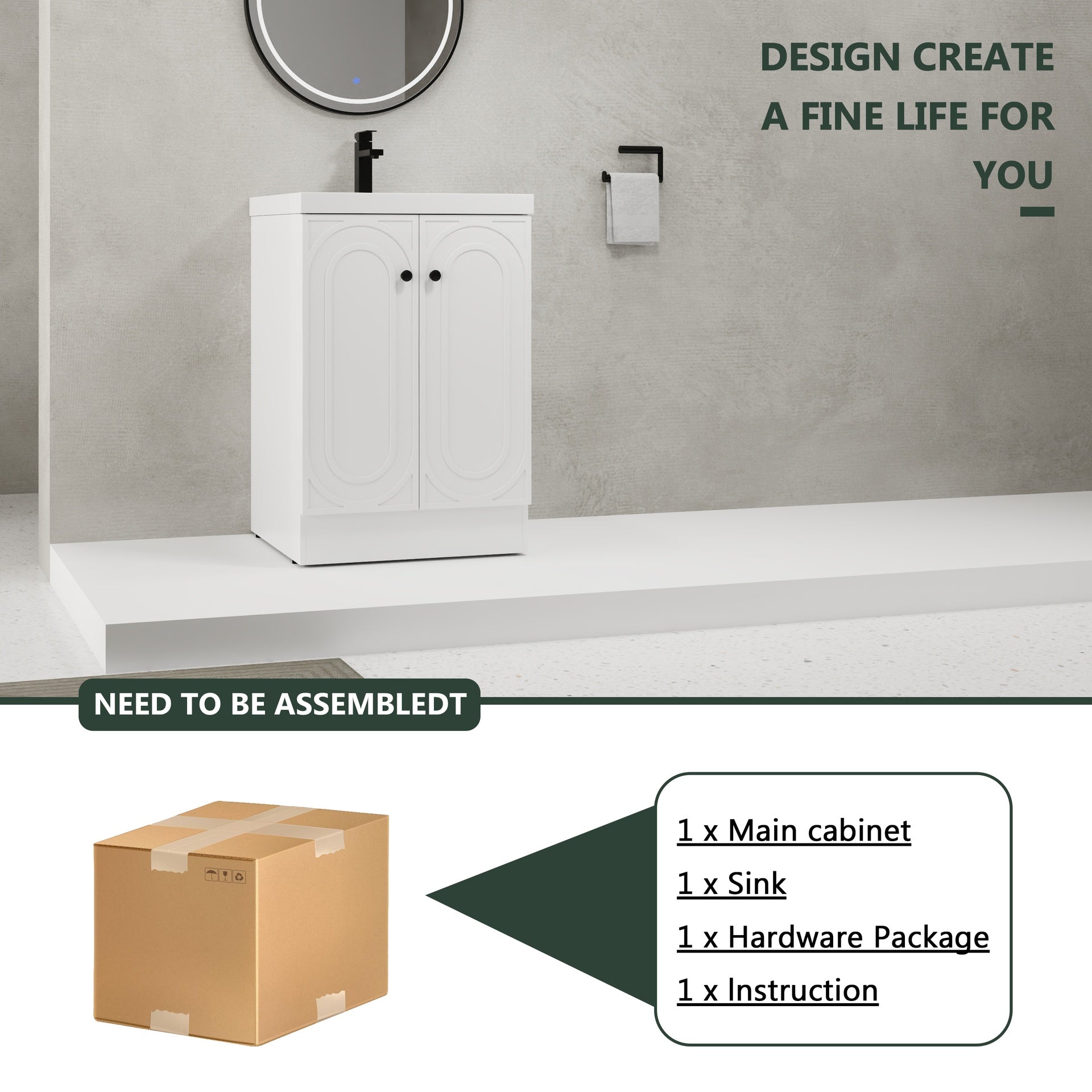 24" Freestanding Bathroom Vanity with White Resin Sink  & 2 Soft-Close Cabinet Doors (KD-Packing)