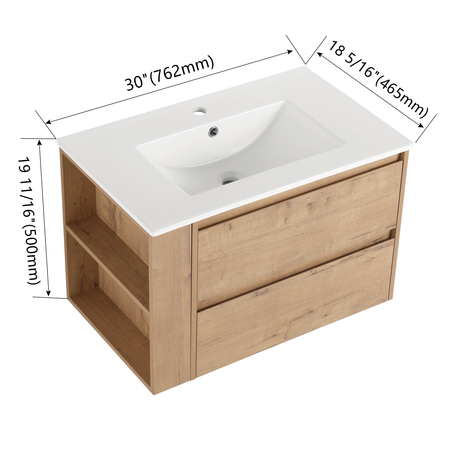 30" Wall Mounting Bathroom Vanity With Ceramic Sink, 2-Soft Close Drawer