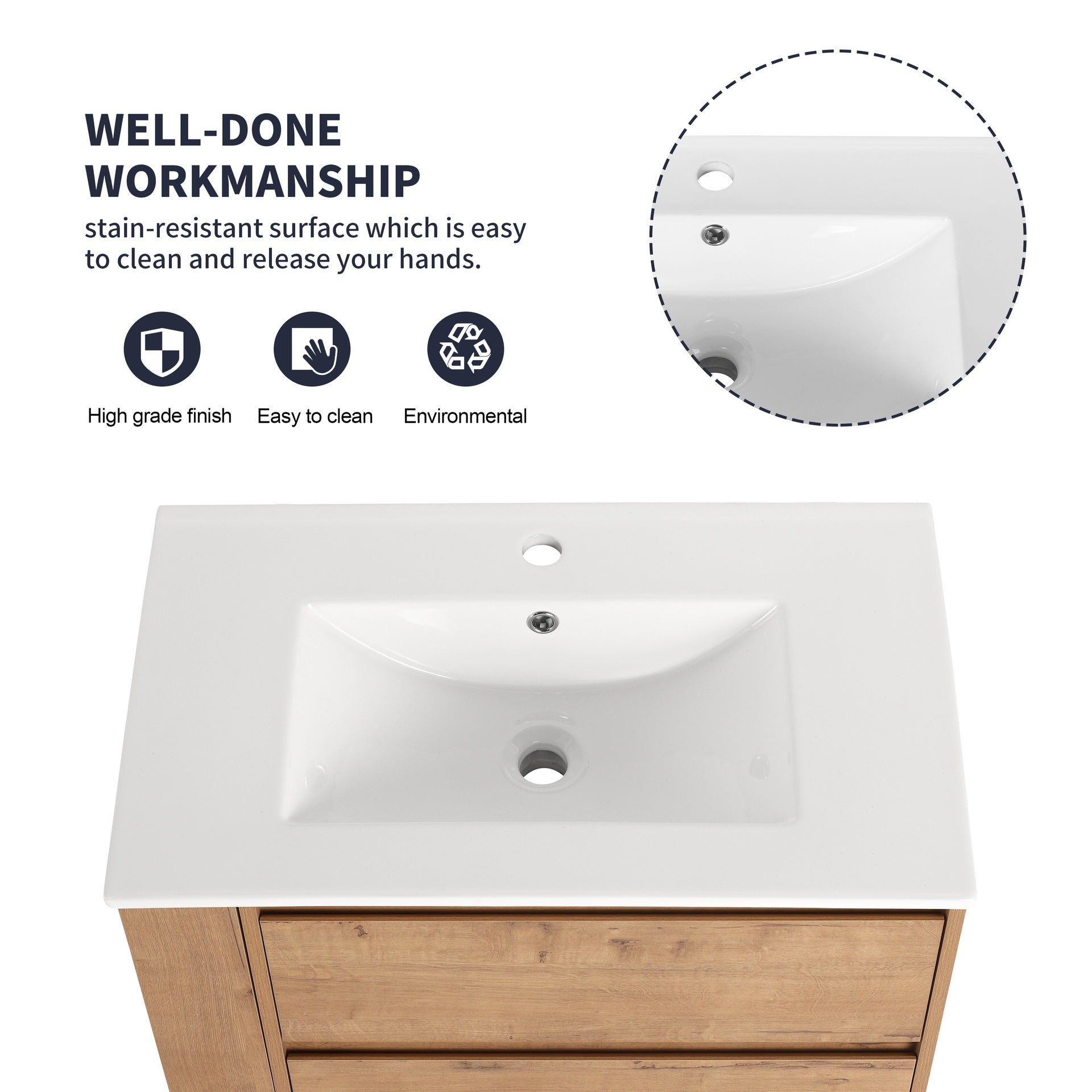 30" Wall Mounting Bathroom Vanity With Ceramic Sink, 2-Soft Close Drawer