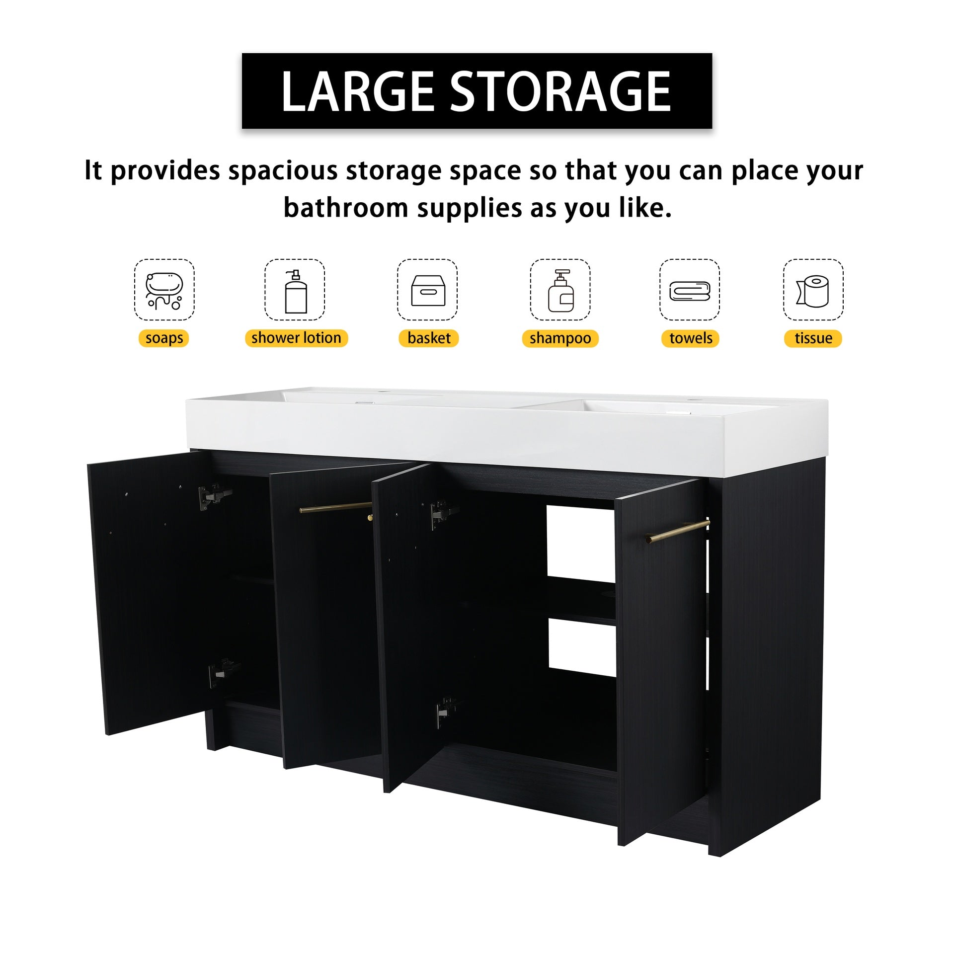 60 Inch Freestanding Bathroom Vanity with Resin Double Sink, With Soft Closing Door, KD-Package