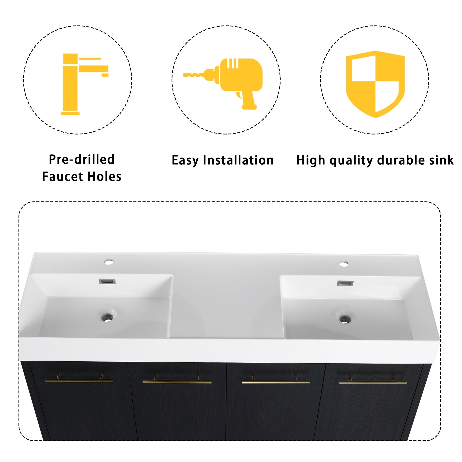 60 Inch Freestanding Bathroom Vanity with Resin Double Sink, With Soft Closing Door, KD-Package